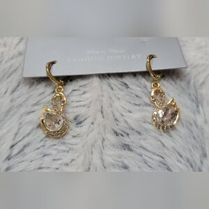 Gold Swan Drop Earrings with Clear Teardrop Crystals